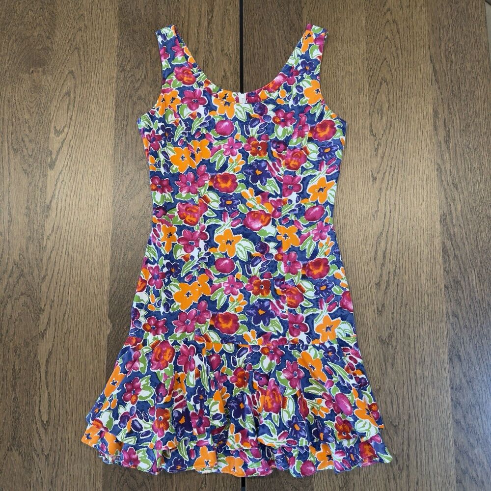Vtg Arpeja Floral Drop Waist Ruffle Mini Dress Womens 4 Multicolor Sleeveless